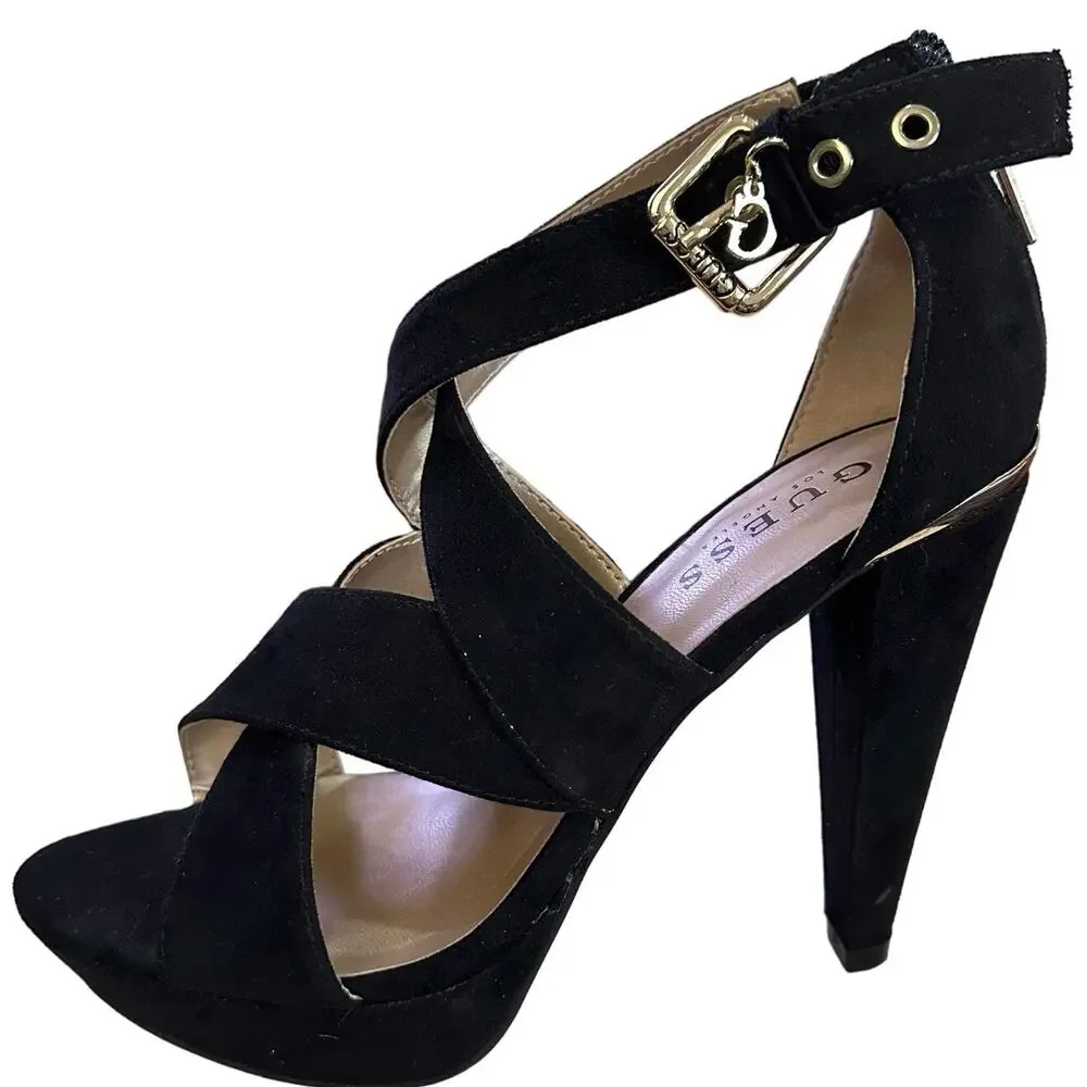 Guess strappy‎ sandal block chunky heels   Criss cross  size 6.5 suede leather